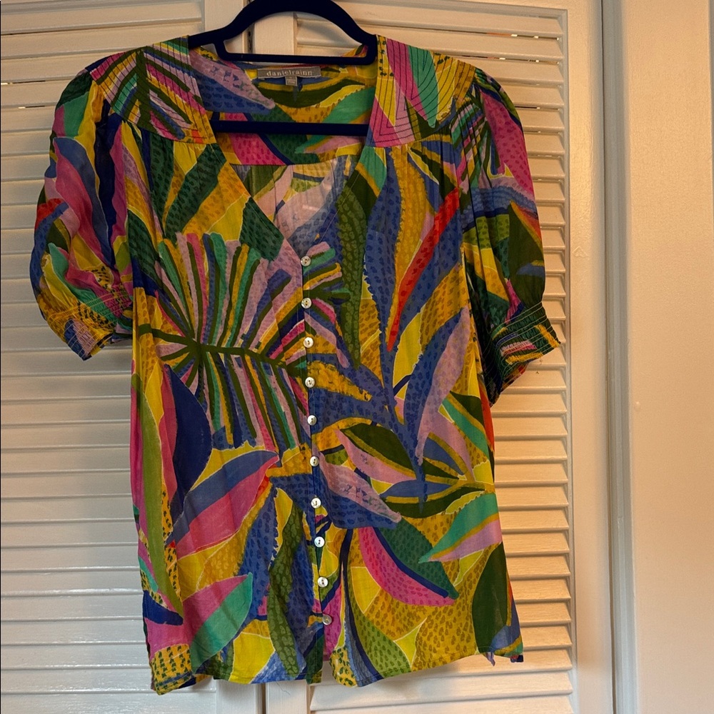 Pink and Yellow Puff Sleeve Button Down Blouse